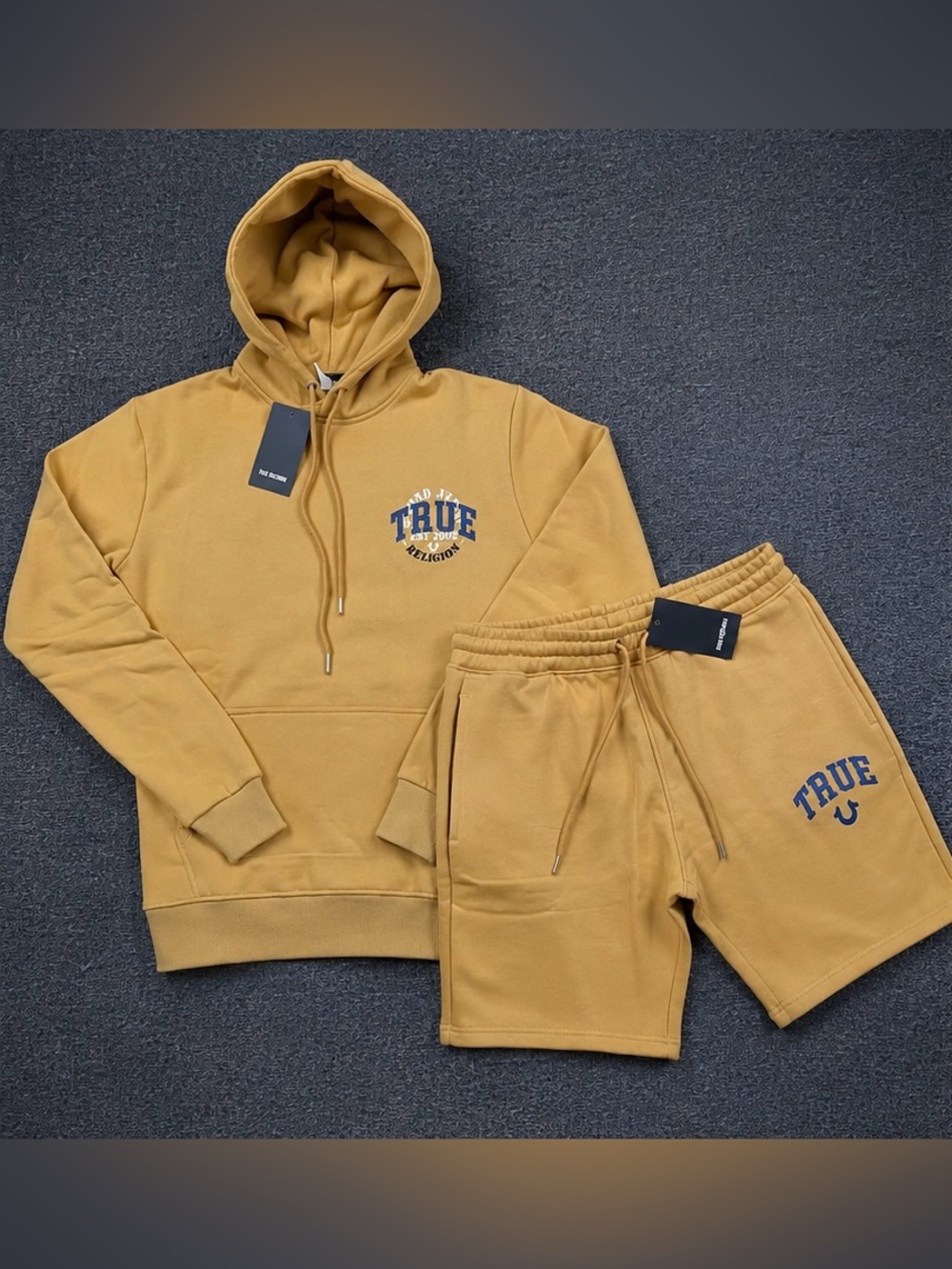 True Religion Mustard Yellow Hoodie & Shorts Set with Blue Logo
